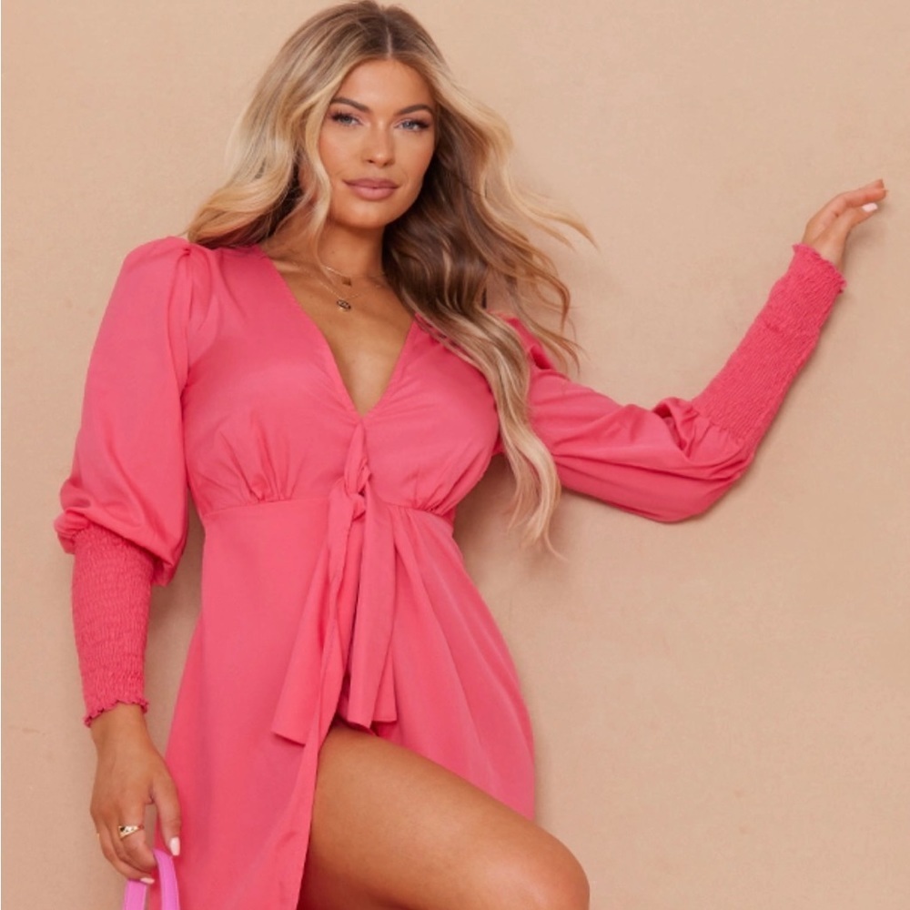 HOT PINK PLUNGE TIE detail MIDI dress